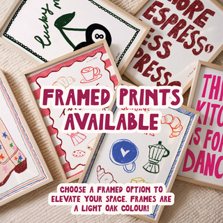 The image is a collage of various framed prints, including a sign for Lucky 8, a sign for More Espresso, and a sign for The Kitchen for DANCE. The text in the image announces that framed prints are available and encourages viewers to choose a framed option to elevate their space.