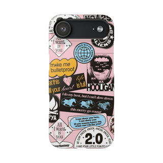 Pink Sticker Collage Phone Case — "Make Me Bulletproof" Graphic Snap Case