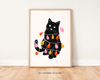 Cat Tanged in Christmas Lights Print