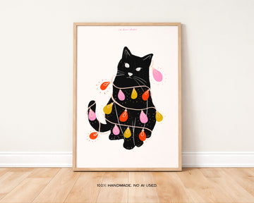 Cat Tanged in Christmas Lights Print without a frame