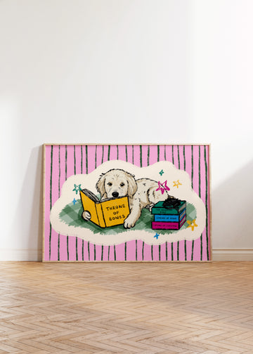 White Golden Retriever Reading Fantasy Book Print without a frame