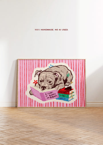 Staffie 'A Court of Bones and Biscuits' Art Print | Staffordshire Bull Terrier Fantasy Book Lover Print without a frame