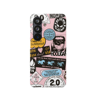 Pink Sticker Collage Phone Case — "Make Me Bulletproof" Graphic Snap Case
