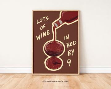 Lots of Wine in Bed by Nine Art Print | Wine Lovers Wall Decor without a frame