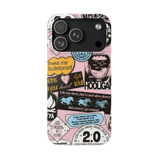 Pink Sticker Collage Phone Case — "Make Me Bulletproof" Graphic Snap Case