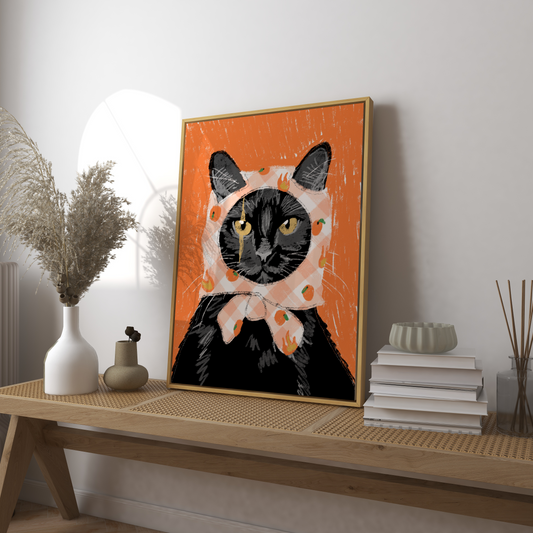Black Cat with Orange Babushka Print