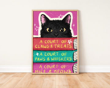 Black Cat Book Stack Art Print | Fantasy Book Lover Print without a frame