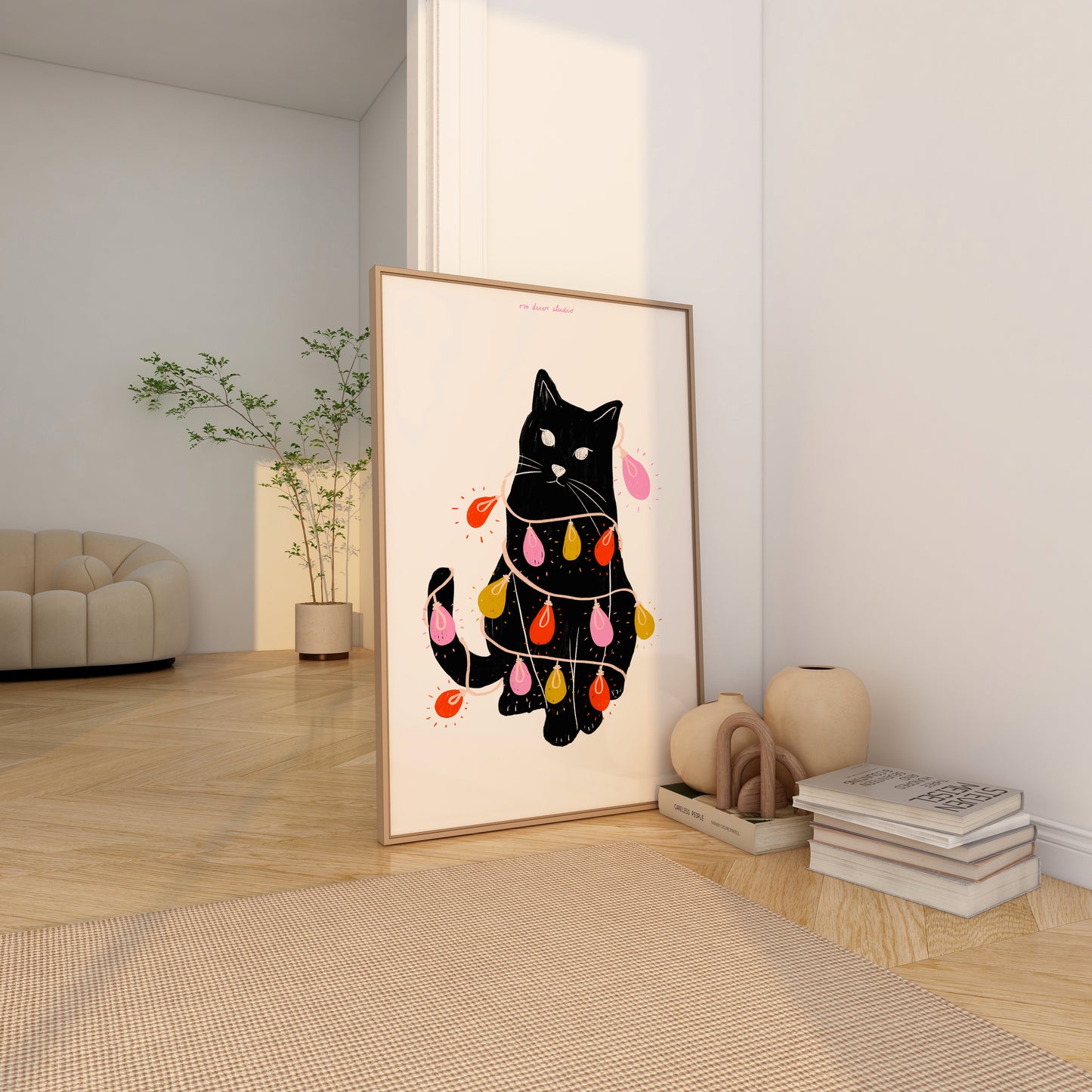 Cat Tanged in Christmas Lights Print