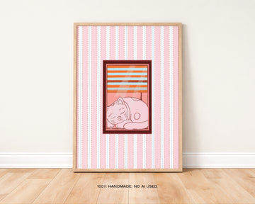 Cat in Window Asleep Art Print without a frame