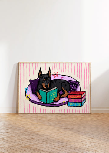 Dobermann Reading Fantasy Book Print without a frame