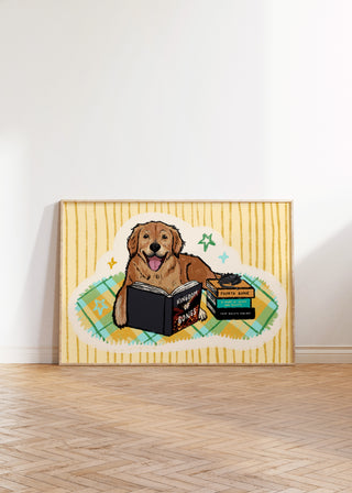 Golden Retriever Reading Fantasy Book Print | Digital Download