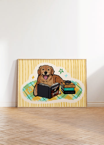 Golden Retriever Reading Fantasy Book Print without a frame