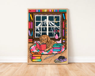 Golden Retriever Reading Bedroom Art Print  | Digital Download