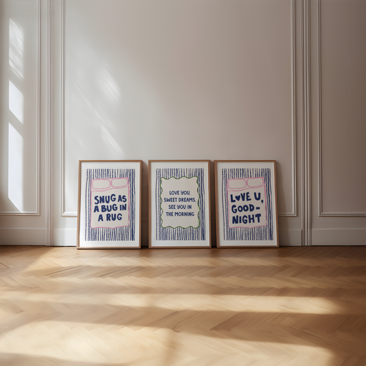 3 Art prints, Snug As A Bug, Love You Sweet Dreams, Love You Goodnight Prints