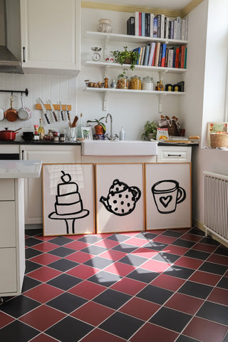 Minimal Kitchen Wall Art Set of 3 – Coffee, Cake & Teapot Line Art Prints