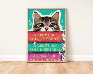 Tabby Cat Book Stack Art Print | Fantasy Book Lover Print