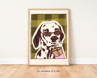 Dalmatian Drinking Coffee Art Print | Iced Coffee Dog Lover Print