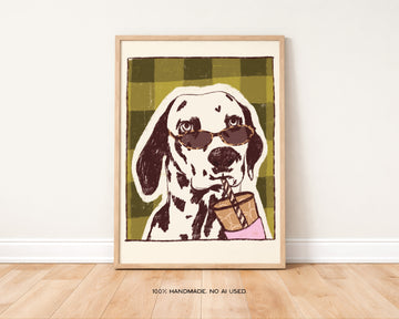 Dalmatian Drinking Coffee Art Print | Iced Coffee Dog Lover Print without a frame