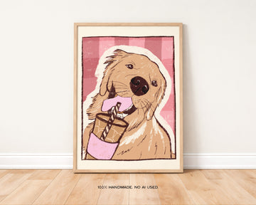 Golden Retriever Drinking Coffee Art Print | Iced Coffee Dog Lover Print without a frame