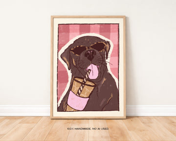 Labrador Drinking Coffee Art Print | Iced Coffee Dog Lover Print without a frame