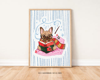 French Bulldog 'Doggy Potter' Art Print | Fantasy Book Lover Print