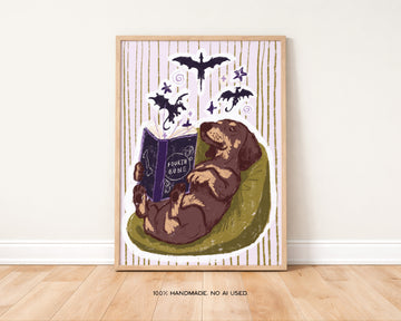 Dachshund 'Fourth Bone' Art Print | Fantasy Book Lover Print without a frame