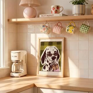 Dalmatian Drinking Coffee Art Print | Iced Coffee Dog Lover Print