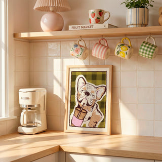 Frenchie Drinking Coffee Art Print | Iced Coffee Dog Lover Print, French Bulldog