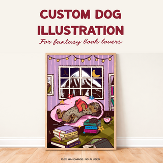 Custom Dog Fantasy Book Lover Detailed Bedroom Artwork + Print (2 WEEK LEAD TIME)
