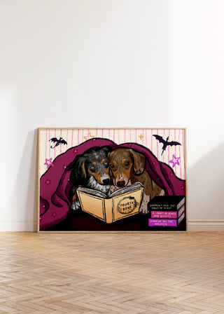 Two Dachshunds 'Fourth Bone' Dog Fantasy Book Reading Art Print