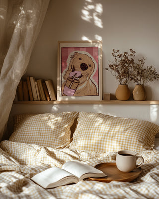 Golden Retriever Drinking Coffee Art Print | Iced Coffee Dog Lover Print