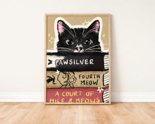 'Pawsilver' Cat Book Stack Art Print | Fantasy Book Lover Print