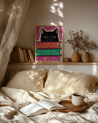 Black Cat Book Stack Art Print | Fantasy Book Lover Print