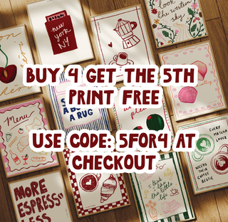 The image is a collage of various food-related items, including menus, recipes, and illustrations, with a promotional message encouraging customers to buy 4 items and get the 5th item for free.