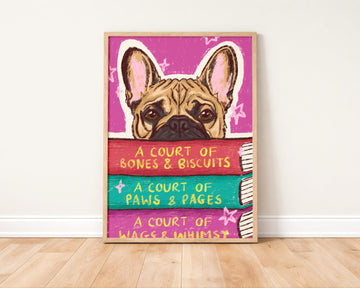 French Bulldog Bones and Biscuits Book Stack Art Print | Fantasy Book Lover Print without a frame