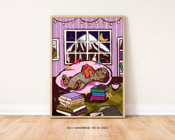 Daschund Fantasy Bedroom Art Print | Fantasy Book Lover Print without a frame