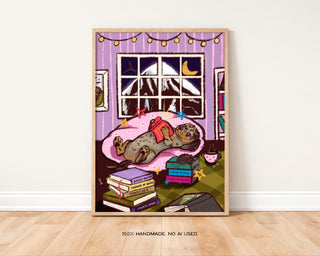 Daschund Fantasy Bedroom Art Print | Fantasy Book Lover Print | Digital Download