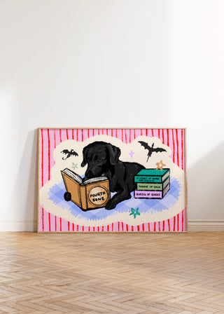 Black Daschund Dog Fantasy Book Reading Art Print | Digital Download